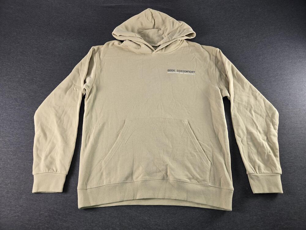 Seek Discomfort Hoodie Sweatshirt Mens Large Beige Organic Cotton Quote Graphic